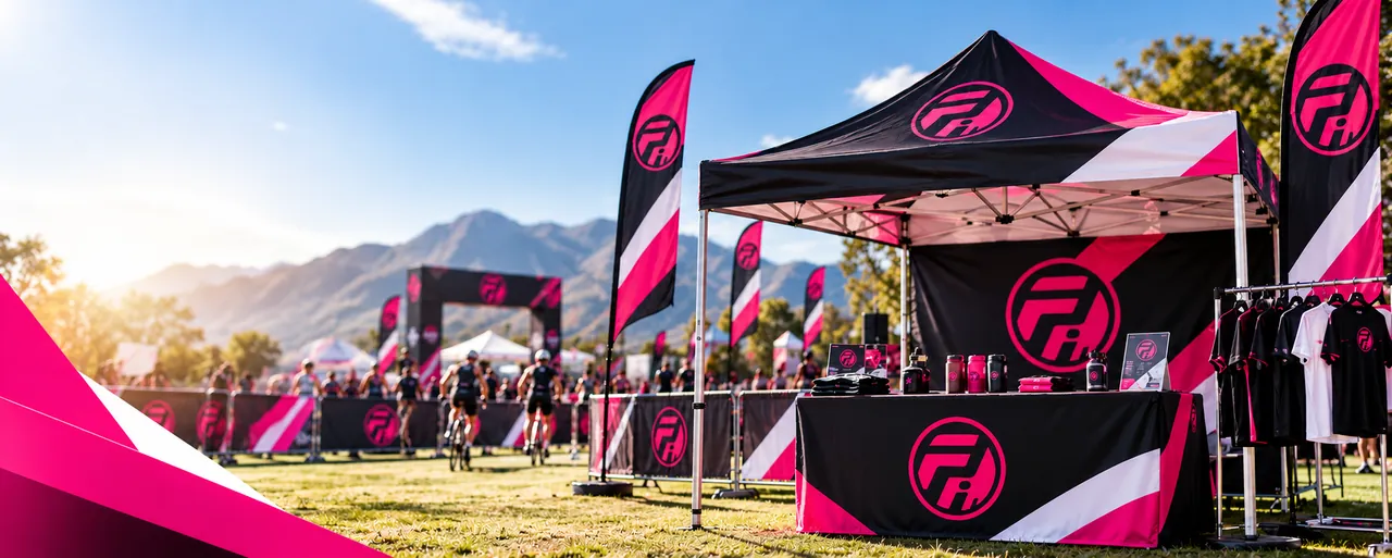 Pollard Ink branded gazebo, feather flags, banner stands and shirt rack at a mountain cycling expo