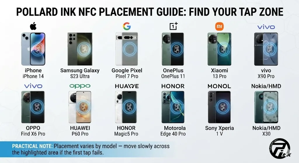 Pollard Ink NFC placement guide for twelve phone brands