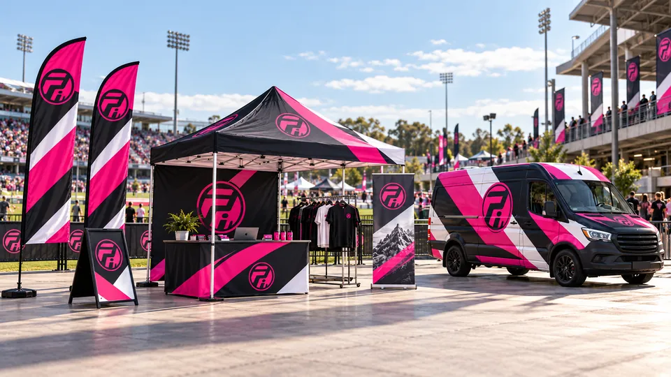 Pollard Ink branded stadium activation with a printed gazebo, feather flags, banner stand, shirt rack and wrapped van